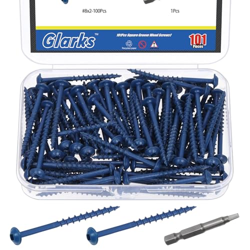 Glarks 100pcs #8 x 2’’ Pocket Hole Screws with Square Drill Bit Kit, Blue Coated Square Drive Wood Screws, Washer Head Coarse Thread Screw for Woodworking, Furniture - size: 100pcs 8x2
