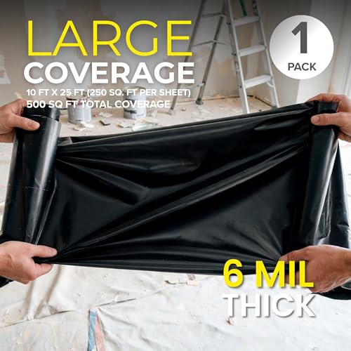 Plastic Sheeting (10' x 25') Long, 6 Mil (Black) - UV Protection Poly Sheeting Polyethylene Film, Heavy Duty Greenhouse Plastic Sheeting - color: Black