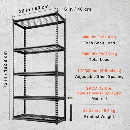 VEVOR Storage Shelving Unit, 5-Tier Adjustable, 2000 lbs Capacity, Heavy Duty Garage Shelves Metal Organizer Wire Rack, Black, 36" L x 16" W x 72" H for Kitchen Pantry Basement Bathroom Laundry Closet - color: Black, size: 36" L x 16" W x 72" H