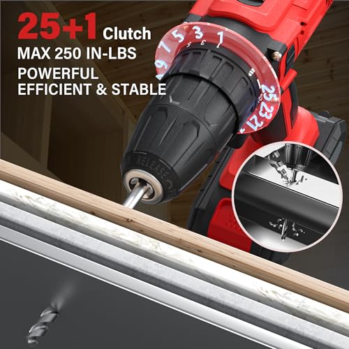 Power Drill Driver 21V, 45Nm Cordless Drill Set with 2 Batteries and Charger, 39pcs Screw Accessories, 354 in-lbs Electric Screwdriver, Electric Drill for Women, Men, Home performance, DIY (Red)