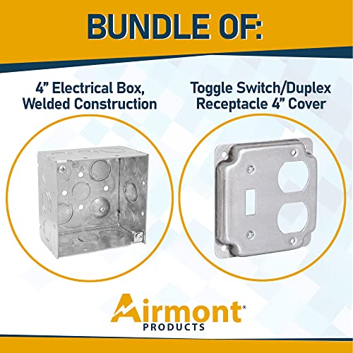 Pack of Box and Cover 4'' Square Electrical Box, 1 Toggle Switch, 1 Duplex Receptacle Exposed Work Cover, Crushed Corners, Welded Construction, Ten 1/2'' and Six TKO Knockouts, Raised Ground, 2-1/8'' - size: Duplex / Toggle