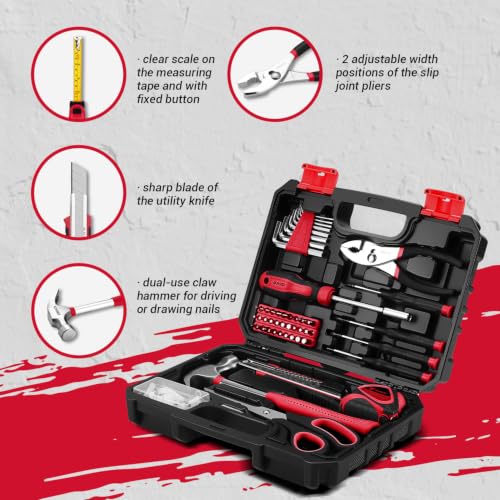 DEKOPRO 50 Piece General Household Hand Tool Kit with Plastic Toolbox Storage Case, All Purpose Home Tool Kit Includes Essential Tools for Office College Repairs - Red - color: Red-50pcs