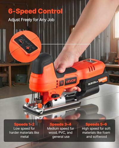 VEVOR 20V Cordless Jig Saw, 7/8" Brushless Jigsaw Tool for Makita 18V Battery, 3500 SPM & 6 Variable Speed, Battery & Charger, LED Light, 0-45° Bevel Cuts, 6 Blades, 4 Orbital Settings, Wood & Metal - size: 7/8 in-20V