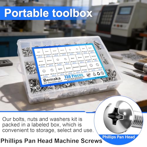 730Pcs Machine Screws Nuts and Bolts Assortment Kit, 304 Stainless Steel Bolts 16 Sizes #4-40#6-32#8-32#10-24 Phillips Pan Head Hardware Screws Assortment Kit with Nuts and Washers - size: 730PCS