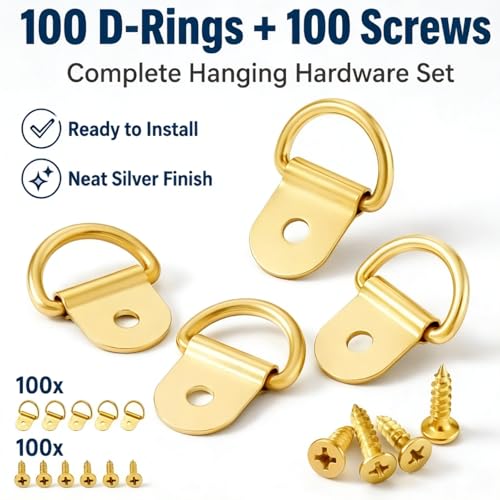 100pc Picture Hangers Kit D-Ring Hooks with Screws Heavy Duty for Hanging - color: Gold