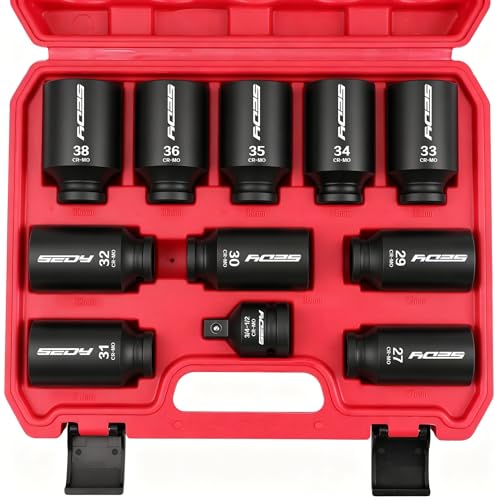 1/2 Drive Deep Impact Socket Set: 11-Piece Metric Size Wheel Axle Nut Wrench Metric Large Jumbo 27mm 29mm 30mm 31mm 32mm 33mm 34mm 35mm 36mm 38mm Spindle Joint High Torque Truck Bearing Locknut - style: 1/2" | 11-Piece Metric Jumbo