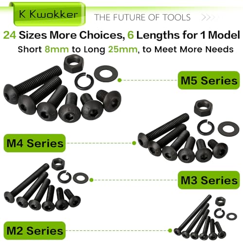 1724Pcs 24 Size M2 M3 M4 M5 Hex Button Head Cap Screw Bolts and Nuts Kit 8MM to 25MM, Upgraded Zinc Plated 10.9 Alloy Steel Nuts and Bolts Assortment Kit Metric Machine Screws - size: E. M2 M3 M4 M5