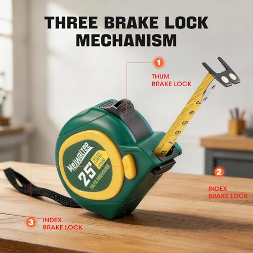 25FT-1 In Blade Width Tape Measure With Fractions, 3 Brake Buttons Retractable Measuring Tape, Both Side Measurement, Double-Magnetic Hook Double-Sided Nylon Reinforced Blade, Easy to Read Bold Lines.