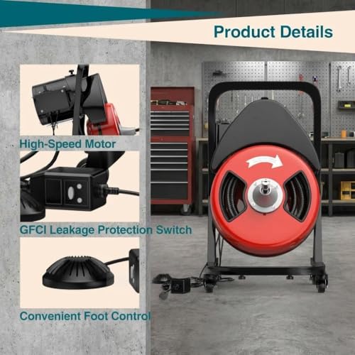 50ft x 1/2" Auto-Feed Drain Snake Cleaning Machine - 450W Electric Sewer Auger with 4 Cutters & Wheels for Sink, Toilet, Floor Drain