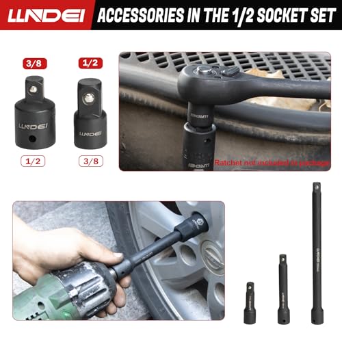 LLNDEI 1/2" Drive Deep Impact Socket Set 37Pcs SAE/Metric CR-MO - size: 37-Piece 1/2" Drive Socket Set SAE & Metric