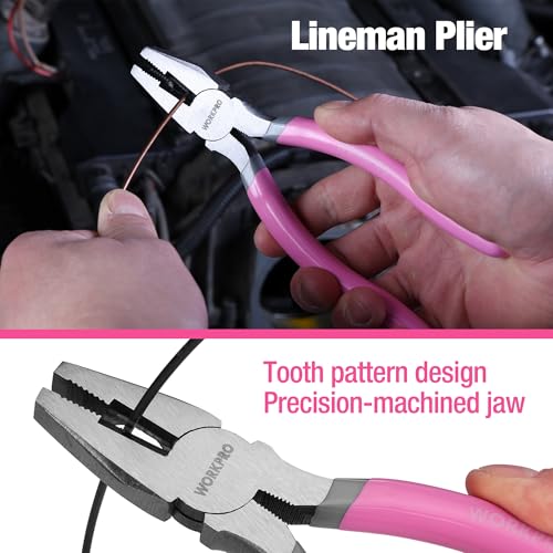 WORKPRO 7-piece Pliers Set, Pliers Tool Set with Comfort Grip - Pink Ribbon - color: Pink