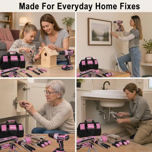Bielmeier 20V 236Pcs Cordless Pink Drill Set for Women, Home Tool Kit