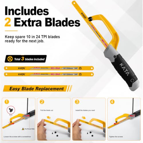 KATA 10 Inch Mini Hacksaw for Metal Cutting with 3PCS Blades in Tight Space - size: 10" Hacksaw