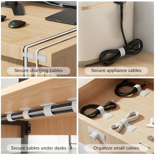 100 Pcs Cable Management Under Desk, Hook and Loop Cable Straps, White - color: White