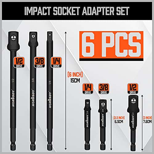 6-Piece Impact Sockets Adapter Sets, 3-Inch and 6-Inch Hex Shank 1/4" 3/8" 1/2" - color: 6 Pcs 3" & 6" Black Adapters