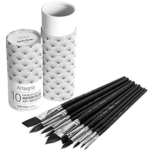 ARTEGRIA Watercolor Brush Set, 10 Soft Synthetic Squirrel Brushes - color: Black - 10pcs
