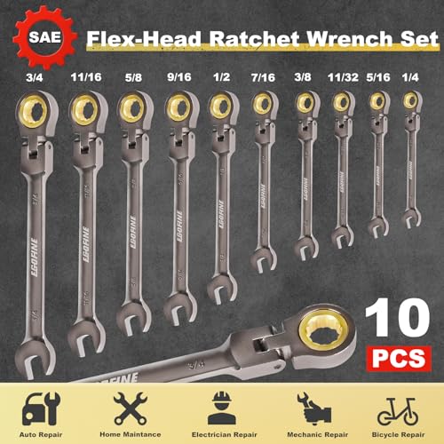 Egofine Flex Head Ratcheting Wrench Set 10 Piece, SAE Wrench Set, CR-V Steel 1/4” to 3/4” Wrench, 72-Teeth Combination wrench set, Nickel Plating Ratchet Wrenches Set with Tool Roll Bag - size: SAE-10 piece set
