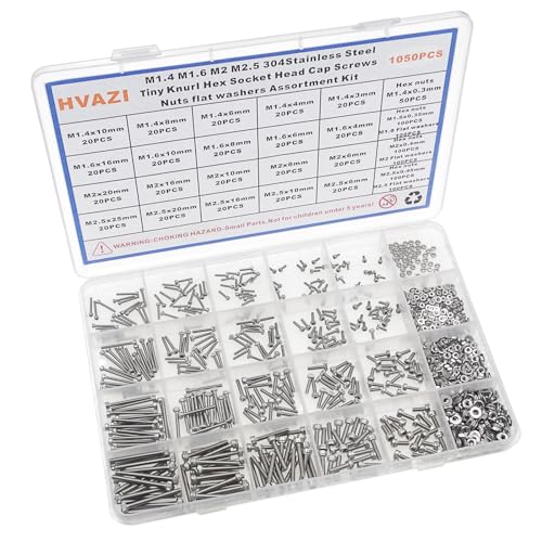 1050PCS M1.4-M2.5 304 SS Socket Head Cap Screws Nuts Flat Washers Kit