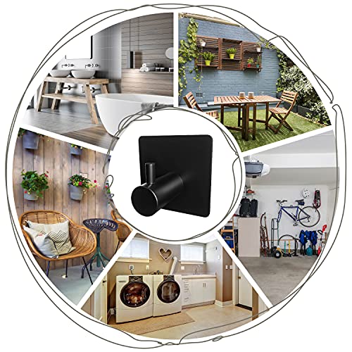 Matte Black Self Adhesive Towel Hooks for Bathroom Wall Door Mounted - SUS304 Stainless Steel Strong Strips Stick on 3/M Wall Hooks for Hanging Coat, Hat, Bag, Key, Jacket – 8 Pack