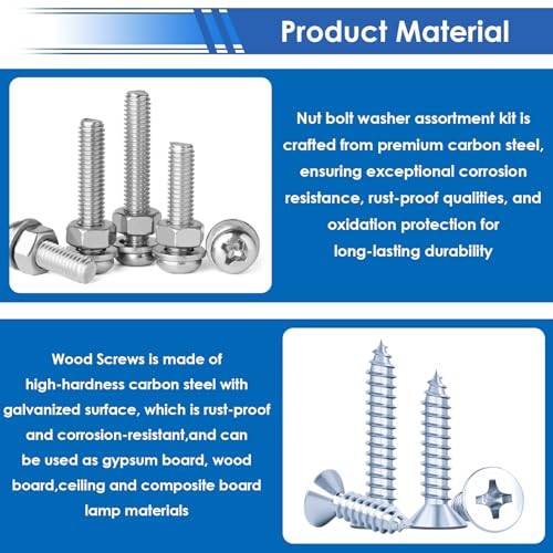 smseace 453Pcs Wood Screws with Nuts and Bolts Assortment Kit 21-Sizes M3/M4/M5/M6 Nut Bolt Washer Assortment Kit 6 Sizes Drywall Screws for Machinery, Furniture, Automotive, Motorcycle Repairs