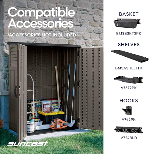 Suncast 54 Cu Ft Medium Vertical Storage Shed, Stoney, Made in USA - color: Stoney