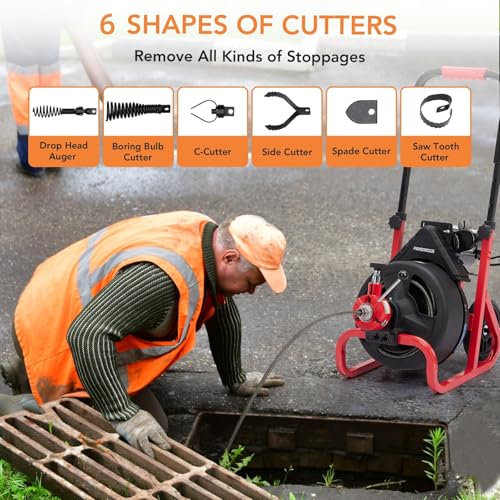 75Ft x 1/2 Inch Drain Cleaner Machine, Electric Drain Snake with 6 Cutters Gloves, Electric Drain Clog Remover Plumbing Tool for 2 to 4 in Pipes, Auto Feed Sewer Snake Auger Drain Auger Cleaner - style: 75FT 1/2''
