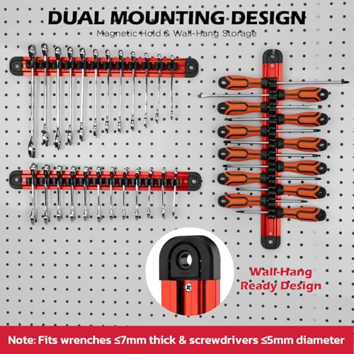 3-Piece Magnetic Screwdriver Organizer and Wrench Organizer, 42-Slot Screwdriver and Wrench Holder, Magnetic Aluminum Rail Tool Organizer for Tool Box Drawer Wall-Mount Storage,Red(Tools not Included) - style: 3-Pack Red (42-Slot) Pro Set