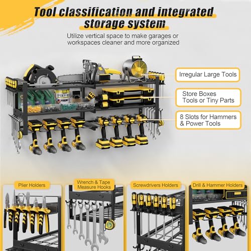 Power Tool Organizer Wall Mount, 350LBS Capacity, 3 Tier, 8 Drill Holders - size: 32.8" Width 3-Tier