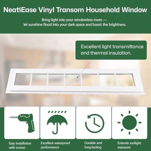 NeatiEase Vinyl Transom Window, 10" x 48" Fixed Glass Household Windows with Grids and Dual-pane Tempered Glass for House, Shed, Doors, Garage, Chicken Coop, Basement (White) - size: 10"x48"