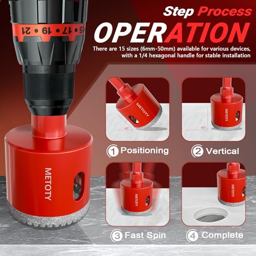 Diamond Hole Saw Drill Bit Set (15 PCS) (1/4"-2") Serrated Diamond Core Bits for Ceramic, Glass, Tile, Marble, Granite | EVA Positioner & Hard Storage Bag | Dry/Wet Dual-Use | High-Precision Drilling - size: (1/4"-2")-15PCS