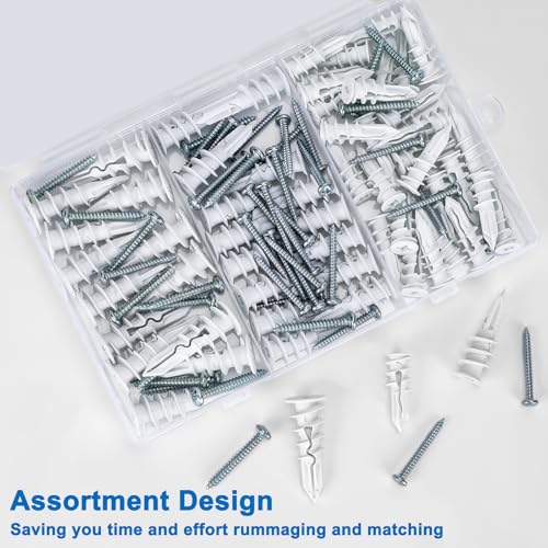 Self Drilling Drywall Anchors, 3 Size 114PCS Heavy Duty Dry Wall Anchors and Screws Kit for Hanging Sheetrock, 57 Self-Tapping Plastic Drywall Hangers and 57 Sheet Rock Screws-50/75/95 Lbs - size: 3size-57pcs