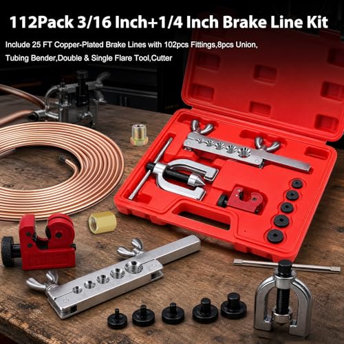smseace 3/16 Inch+1/4 Inch Brake Line Flaring Tool Kit Include 25 FT Copper-Plated Brake Line Kit with 94pcs Fittings,8pcs Union,Tubing Bender,Double & Single Flare Tool,Cutter - color: Gold-B, size: 3/16inch+1/4inch