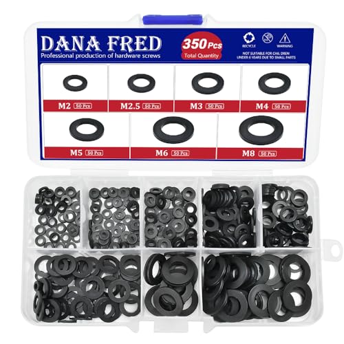 350pcs Black Nylon Flat Round Washer Spacer,7 Sizes M2-M8 Black Flat Washers Assortment Kit,Countersunk Plastic Spacer Thickness Gasket Ring Hardware Tool Fastener for Screw M2 M2.5 M3 M4 M5 M6 M8