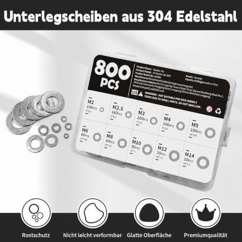 800PCS Washers Assortment Kit, Stainless Steel Flat Washers for Screws