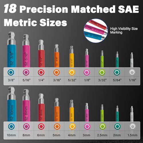 HAUTMEC Allen Wrenches Sets with Ball End(SAE & Metric), 18PCS Extra Long Arm Hex Key Set, Heavy-Duty S2 Steel Pro Allen Key Set, 1/16" to 3/8" and 1.5-10mm, Color Coded Sleeve with Belt Loop Pouch - style: 18PCS(SAE & Metric)