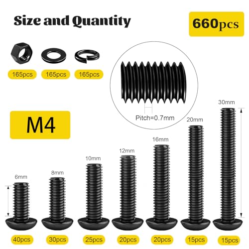 660PCS M4 Hex Button Screws Assortment Kit, M4x6/8/10/12/16/20/30 mm - size: M4 660pcs