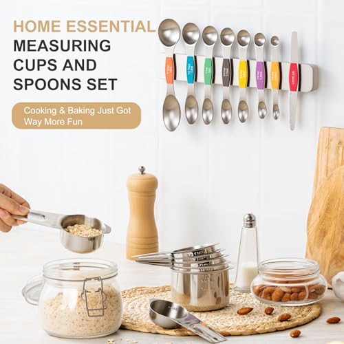 Stainless Steel Measuring Cups & Spoons Set, EWFEN Kitchen Tools Nesting Measuring Cups and Spoons, Fits in Spice Jars for Baking & Cooking, BPA Free, Set of 15 with Leveler, Multicolor - color: Multicolor Spoons
