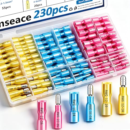 smseace 230PCS Heat Shrink Bullet Connectors Assortment Kit 22-10AWG Waterproof Bullet connectors Heat Shrink Female&Male Terminal for Automotive Boat Stereo Industrial Equipment - size: 230Pcs