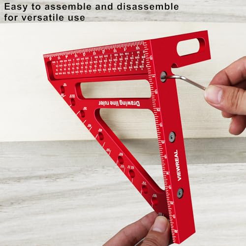 Large Carpenter Square 6.5''x5.79''Protractor Ruler with 3D Multi-Angle Measuring and Scribing Features with Anti-Lost Pin for Accurate Woodworking & Construction - color: Red