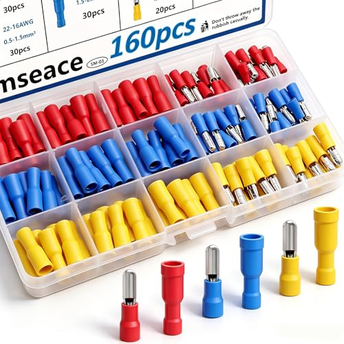 smseace 160PCS Bullet Wire Connectors Assortment Kit 22-16/16-14/12-10AWG Female&Male Bullet Connectors Terminal for Automotive Boat Stereo Industrial Equipment - size: 160Pcs