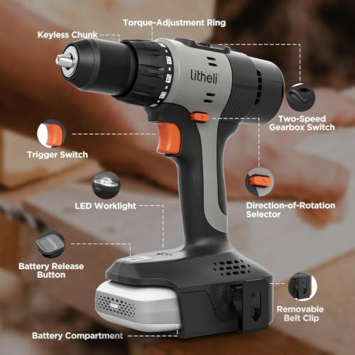 Litheli 20V Cordless Drill Driver Set, Electric Power Drill with 2 Variable Speed Settings, 1/2 Inch Keyless Chuck, 21+1 Clutch Settings with Maximum Torque of 443 In-lbs