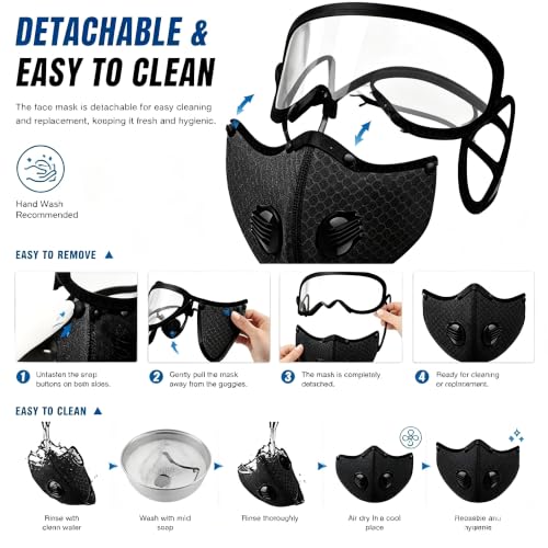 Detachable Protective Goggles Riding Mask,Reusable Carbon Filter Dust Mask with Adjustable Goggles,Windproof, dustproof, and Anti Droplet, All Season Universal Sports mask(Black)