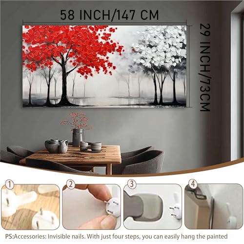 AUUZAIUA Large Canvas Wall Art Red and White Misty Forest Painting 29"x58" - size: 29"L x 58"W