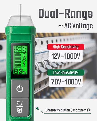 TESMEN Voltage Tester, TN-213 Non-Contact Voltage Detector, Electrical Tester, AC 12V-/70V-1000V, Dual-Range, LCD Display in Percentage, Buzzer Alarm, Live Wire Test, Wire Breakpoint Finder - Green