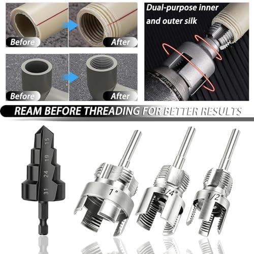 8PCS Internal & External PVC Pipe Threader Tool Set with Step Drill Bits