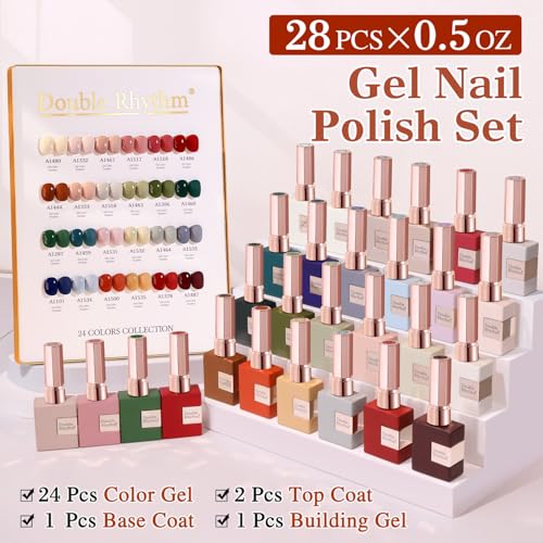 Double Rhythm 28Pcs 0.5Oz Gel Nail Polish Set Same Color Same Bottle Gel Polish Kit Nail Art Manicure Salon DIY at Home for Women (Burgundy Green Collection-T24-1) - color: White Pink Beige