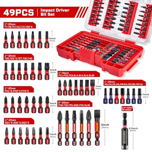 Geinxurn 49Pieces Impact Screwdriver Bits Set, Magnetic S2 Steel Phillips/Slotted/Square/Torx Insert Power Bits Tips, Impact Bit Holder with Red Storage Box Case - style: STKB049-RD