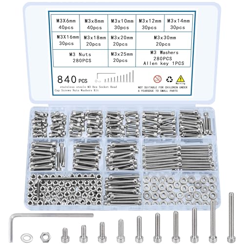 840 Pcs M3 Screws, Nuts and Washers Set - Hex Socket Head Cap Screws Kit - Metric Bolts Assortment - Stainless Steel Machine Screws - Fully Threaded Hex Nuts - size: M3