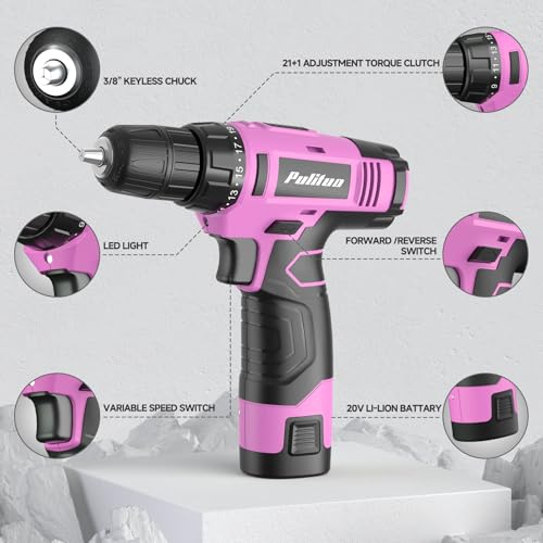 PULITUO Drill Set, 149-Piece Home Tool Set with 12V Pink Cordless Drill, Tool Box, Hand Tool Kits for Women & Men and DIY Enthusiasts, for Home Improvement - style: 12V Set（Pink）