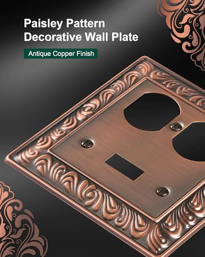 2-Pack Paisley Pattern Metal Combo Toggle/Duplex Light Switch Cover Plate | Decorative Wall Outlet Cover Plate, 2 Gang Metal Wall Plates for Electrical Outlets, Light Switch, Antique Copper - color: Antique Copper, size: 1 Toggle/1 Duplex 2PK
